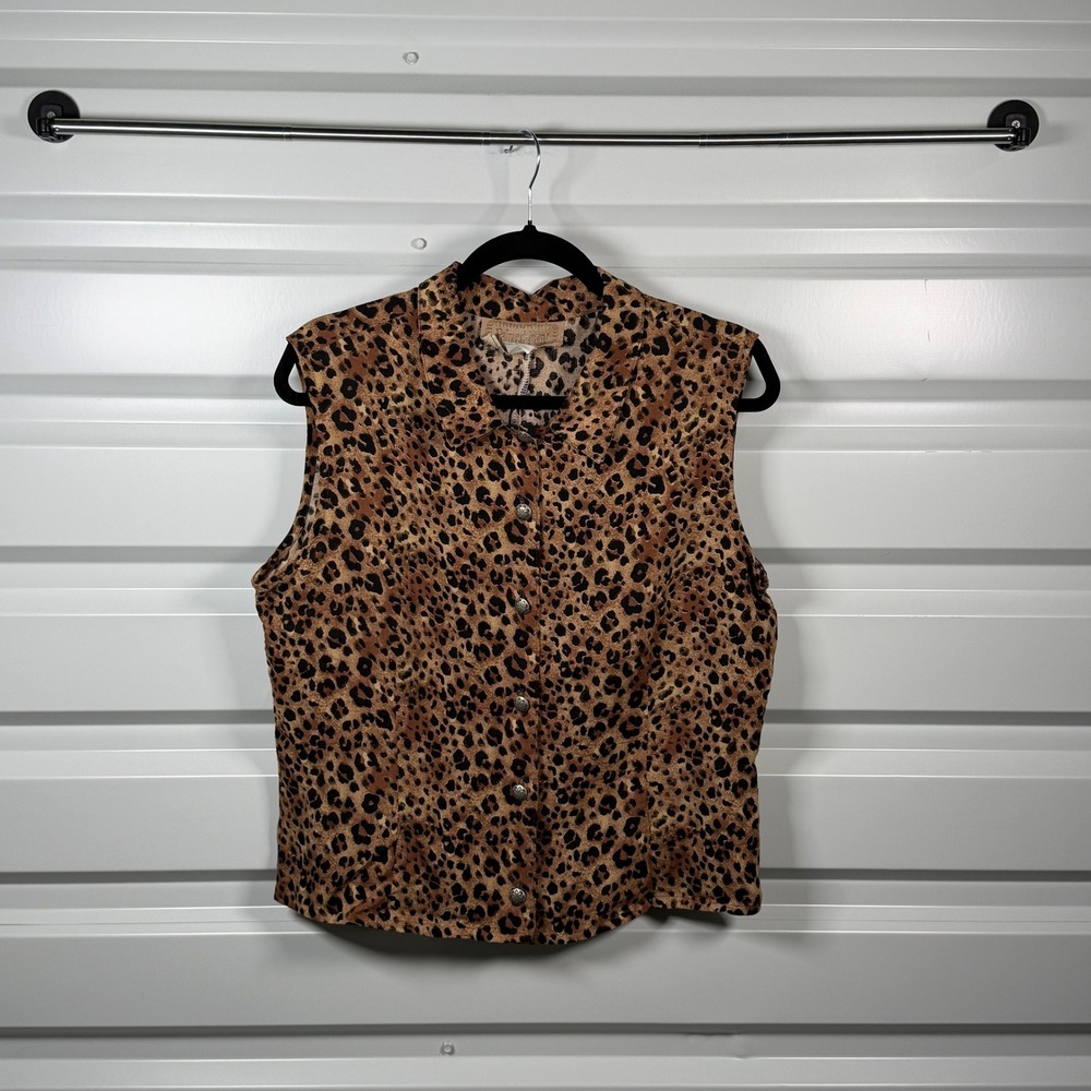 Painted Pony Vintage Leopard Print‎ Sleeveless Button Up Vest Top Womens Med USA